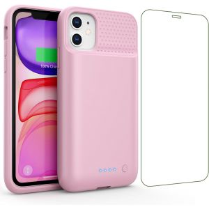 Hui-Coque Batterie Pour Iphone 11/Xr¿Mince Mais Puissant 7500mah¿ Coque Rechargeable Batterie Externe Avec Écran De Protection En Verre Trempé Chargeur Portable Pour Iphone 11/Xr(6,1 Pouces)-Rose - Neuf