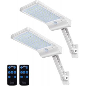 Lampe Solaire Exterieur, 56 Leds Lumiere Solaire Avec Détecteur De Mouvement 3 Modes Réglables Ip65 Étanche Puissant Avec Télécommande (Blanc), Lampe-Solaire-Exterieur-Eclairage-Lumiere - Neuf