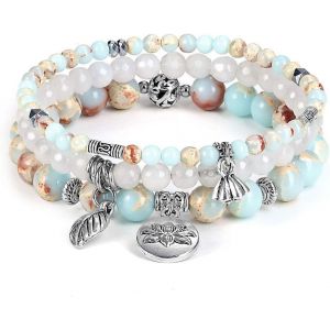 3pcs Bracelet Pierre Naturelle Femme Lotus S&eacute;diment De Mer Jaspe Perles D'energie Pierre Pr&eacute;cieuse &Eacute;lastique Tib&eacute;tain Bouddhiste Famille Amiti&eacute; Amour - Neuf