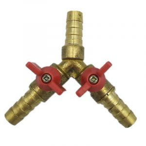 T&eacute; 3 voies en laiton, vanne &agrave; bille d'arr&ecirc;t en Y, raccord cannel&eacute; 5/16 8 mm pour carburant, gaz, huile/collier de serrage (or + rouge) (1 pi&egrave;ce) - Neuf