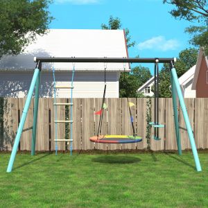 Bmtterqgwo - Balancoire Enfant Avec Cadre Metal, Nid Reglable, Echelle, Filet Et Bascule, Pour Exterieur, Ages 3-8 Ans, Bleu - Neuf