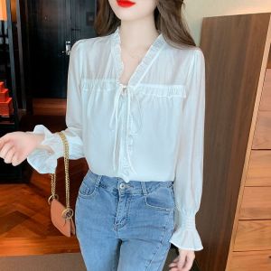 Chemise En Mousseline De Soie À Manches Longues Et Col En V Pour Femme Au Printemps, Haut À Manches Bouffantes À La Mode Et Élégant - Neuf