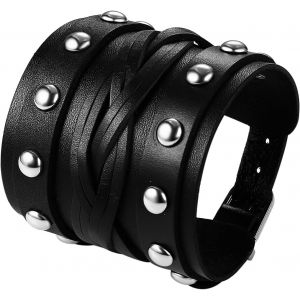 Eryi-Bracelet Manchette Cuir Homme,Bracelet De Force Style Gothique Punk Rock,Bracelet Tête De Mort Homme Avec Rivet Et Bouton,Bracelet Motard Biker Large,Cadeau Pour Homme - Neuf