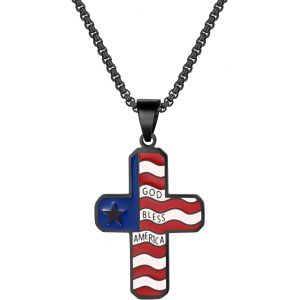 Kal-Collier Homme Femme Pendentif Kruez : Drapeau Am&eacute;ricain Cha&icirc;ne Avec God Bless America Bijoux Religieux Chr&eacute;tiens Gravure Personnalis&eacute;e Noir Argent Or, /, Acier Inoxydable, Pas De Gemme - Neuf
