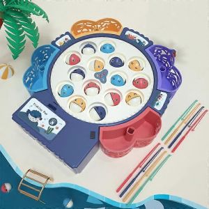 Jouet de pêche magnétique pour enfants, éducatif, multifonctionnel, musical, plaque de pêche rotative, couleur : bleu, à piles, 15 poissons, 4 cannes - Neuf