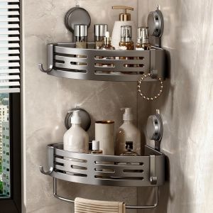 Etagere Douche Angle Ventouse, 2 Pi&egrave;Ces Etagere Angle Salle De Bain Sans Percage avec Porte Serviettes et Crochets Rangement et Organisation de La Salle de Bain Support Gel Douche(Gris) - Neuf