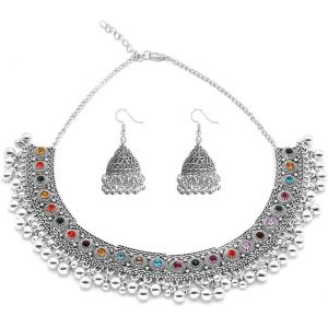 Kal-Set De Bijoux Indiens En Cristal Coloré Zircone Cubique Collier Choker Jhumka Bollywood Style Ethnique Pour Mariée Tenues De Fête Punk Argent Antique Chic Accessoire Hypoallergénique Bijoux - Neuf