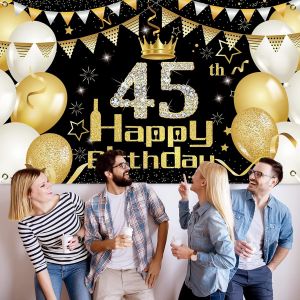 45e Anniversaire Bannière Décorations Fête En Noir Or,Joyeux Anniversaire Bannière Décorations De Fête 45e Anniversaire Pour Homme Femme Décorations Tissu Toile De Fond Bannière Anniversaire - Neuf