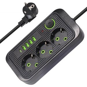 Multiprises 3 Prises, Multiprise avec Interrupteur, 4 Port USB A et 1 Port USB C, Bloc Multiprise Parafoudre et Surtension, C&acirc;ble 2M, 10A 2500W, pour Maison, Bureau (Noir) - Neuf