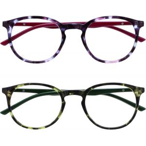 Lunettes De Lecture Pack De 2 Montures Rondes Et Mincess Charnières À Ressort Anti-Rayures Écailles De Tortue Violet Vert Hommes Femmes Rr60-56 +2.00 - Neuf
