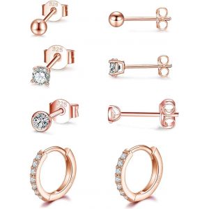 4 Paires Boucles D'oreilles Hypoallergénique Plaqué Or Rose,3 Paires 3mm Clous D'reolles + 1 Paires 12mm Créoles Argent Avec Zircon Cubique - Neuf
