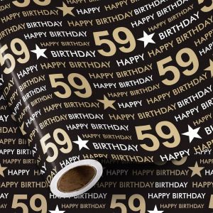 Rouleau De Papier Cadeau D'anniversaire - 59 Papier Cadeau D'anniversaire, Papier D'emballage Étoile Noir Et Doré Pour 59e Anniversaire, Fête Ou Toute Célébration - 43,2cm X 5m - Neuf