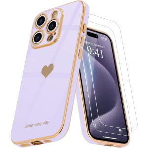 Kal-Coque Compatible Avec Iphone 15 Pro + 2 Films De Protection D'écran, Coque Pour Fille, Coque De Protection D'appareil Photo Galvanisée Pour Iphone 15 Pro, Fleurs Violet - Neuf