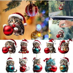 Arbre de Noël chat pendentif 2D acrylique Ornements de chat de Noël Ornements de chat de Noël drôles Ornements d'arbre de Noël (10 pièces,taille unique) - Neuf