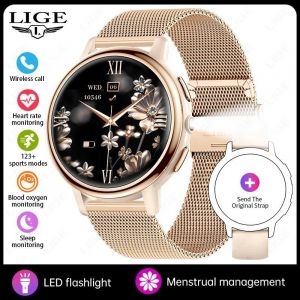 Lige Nouvelles Femmes Montre Intelligente De Luxe 1.26 ''Écran Hd Bluetooth Appel Smartwatch Dames Pleine Touche Lampe De Poche Étanche Smartwatch.Mesh Belt Gold.Bluetooth Call Watch - Neuf