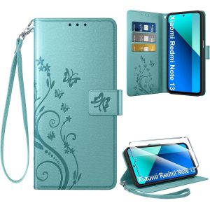 Kal-Coque Pour Xiaomi Redmi Note 13 4g + 1 Verre Tremp&eacute;, Retro Design Housse Premium En Cuir Pu Pochette De Portefeuille Pour Porte Cartes Fonction Stand Flip Etui Pour Redmi Note 13, Vert - Neuf