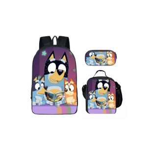 Ensemble de 3 sacs à dos d'ecole pour enfants Bluey, sac décontracté pour enfants, cartable, sac à dejeuner, trousse à crayons - Neuf