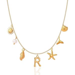Kal-Colliers À Breloques Initiales Pour Femmes Et Filles, Colliers Plaqués Or 14 Carats Avec Lettres De A À Z, Coquillages, Bohème, Été, Coquillages, Alphabet - Neuf