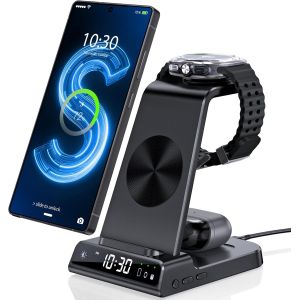 Chargeur Induction Fil Pour Samsung Galaxy S25 Ultra, Chargeur Sans Fil Avec Horloge Num&eacute;rique Pour Samsung Galaxy Watch 8/7/Ultra/6/5, Wireless Charger Pour Fold 7/Galaxy S24, Z Flip 4, Active 2 - Neuf