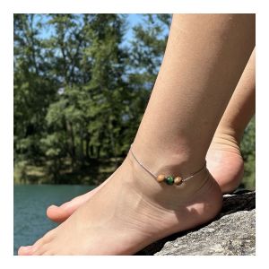 Bracelet De Cheville 1 Perle Oeil De Tigre Vert + Bois 8 Mm Cha&icirc;ne En Fabriqu&eacute; En France. - Neuf