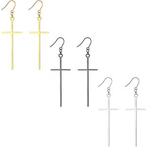 Kal-Lot De 3 Boucles D'oreilles En Forme De Croix Pour Homme Et Femme Avec Pendentif En Forme De Croix, Boucles D'oreilles, Tunnels, Petites Boucles D'oreilles Cerceau Noir, Or, Argent - Neuf