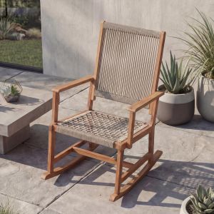 Fauteuil &Agrave; Bascule Hwc-P73, Fauteuil &Agrave; Bascule D'ext&eacute;rieur Pour Jardin, Chaise Longue &Agrave; Bascule, Bois D'acacia, Cordage Tress&eacute;Beige - Neuf