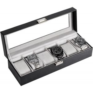 Kal-Boite À Montre Antichoc, Coffret Montre Homme Avec 6 Emplacements Coussins Montre, Rangement Montre Avec Couvercle En Verre, Pour Passionné D`Horlogerie -Noir - Neuf