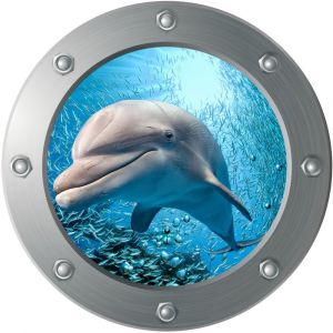 Sticker mural 3D Submarine Porthole - Dolphin (Diamètre : 29cm), Décoration murale, Chambre d'enfant, Chambre de bébé, Salle de bain - Neuf