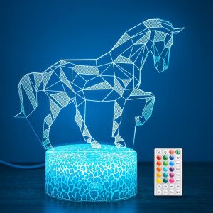 KALANKA-Cadeaux de cheval pour les filles, 16 couleurs g&eacute;om&eacute;trique &eacute;quine lampe d'illusion 3D, lumi&egrave;re de nuit avec t&eacute;l&eacute;commande et contr&ocirc;le tactile, chevaux d&eacute;cor pour la chambre des enfants, cadeau - Neuf