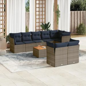 Salon De Jardin 9 Pcs Avec Coussins Gris Résine Tressée - Neuf