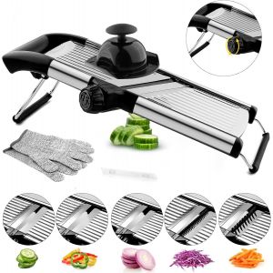 Chenquansarl-Mandoline Cuisine, Coupe Legumes Inox Professionnelle, Coupe Frites Manuel Avec Protège Main Et Gants De Sécurité, Mandoline Multifonctions Avec Lames Réglable (Argent) - Neuf