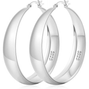 Chenquansarl-12mm Largeur Chunky Boucles D'oreilles Femme En Argent 925 Grandes Creoles En Argent Femme Hypoallergénique Boucles D'oreilles Créoles En Argent Pour Femme Légères 25/30/40/50mm - Neuf