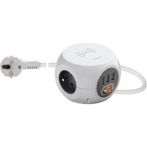 TYE-Vimar 00445.FR.CC.B Prise Multiple avec Chargeur inductive sans Fils, 3 Sorties SICURY Standard français, 3 USB, Interrupteur Lumineux, câble de 1,5 m, fiche Standards Allemand/français - Neuf