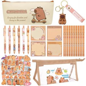Ensemble de papeterie Capybara mignon avec stylos à encre gel, crayons HB, autocollants, porte-clés, notes autocollantes, ensemble de papeterie Kawaii pour garçons et filles, école, bureau, maison - Neuf