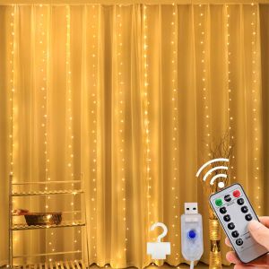 TRAHOO-KOBOKO Rideau lumineux 300 LED USB - Blanc chaud - 3 m x 3 m - 8 modes - Rideau lumineux avec t&eacute;l&eacute;commande - Rideau lumineux pour No&euml;l, chambre &agrave; coucher, jardin, mariage - Neuf