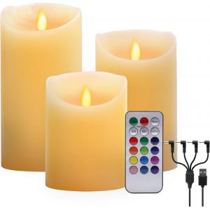 Bougies Led Sans Flamme, Bougies À Led Blanc Chaud Et Multicolore Véritable Chandelles Usb Rechargeable Avec Télécommande Minuterie, Lampe Bougie Pour Décoration Intérieur Maison Chambre (3 Pcs) - Neuf