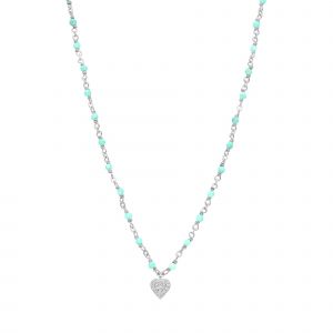 Collier Argent Rhodi&eacute; Coeur Serti Blanc Et Pierres Amazonite - Neuf
