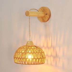 Ulteronixshop-Applique Murale Bois Int&eacute;rieur Vintage, E27 Lampes Murale Boho Avec Abat-Jour En Rotin, Bois Cage Applique Rotin Luminaire Murale E27 Pour Salon Chambre Couloir Salle &Agrave; Manger (Sans Amp - Neuf