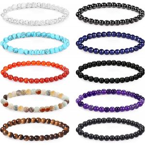 Eryi-10 Pcs 4/6/8mm Naturelle Bracelet Perles Pour Femmes Hommes Pierre Concassée Pierre Naturelle Pierre Bracelet Chakra Charme Perlé Couples Stretch Bracelets Bijoux - Neuf