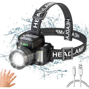 Lampe Frontale Rechargeable Torche Frontale Led Zoomable Détecteur De Mouvement 18000lm Etanche Lampe Torche Pour Pêche Camping Lecture Randonnée Bricolage - Neuf
