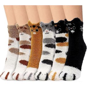 6 Paires De Chaussettes Moelleuses Pour Femmes Et Filles,Chaussettes Moelleuses Mignonnes Confortables Avec Patte De Chat - Neuf