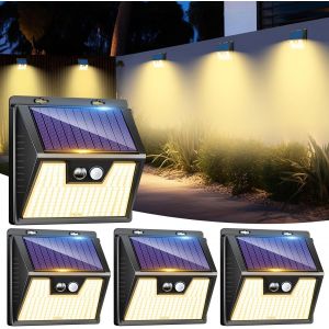 Lot De 4 Lampe Solaire Exterieur Detecteur De Mouvement, 176 Led Lumiere Ext&eacute;rieur Ip65 &Eacute;tanche Spot Solaire 3 Modes Eclairage Exterieure, Projecteur Ext&eacute;rieure Pour Jardin Garage, Blanc Chaud - Neuf