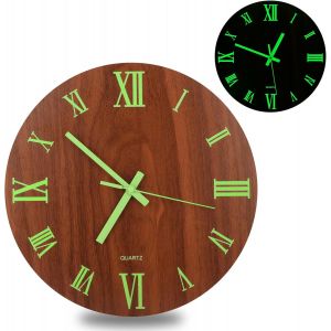 Horloge murale lumineuse silencieuse en bois de 30 cm avec veilleuse, chiffres romains fluorescents, horloge murale ronde décorative pour salon et chambre ¿ Marron - Neuf