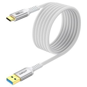 TRAHOO-USB C C&acirc;ble, USB 3.0 USB-A vers USB-C 10 Gbit/s C&acirc;ble en Nylon Tress&eacute; de Type-C Compatible avec iPhone 17/16/15 Pro Max, Galaxy S24 S23 S22, Android Auto - Blanc, 3m, 1Paquet - Neuf