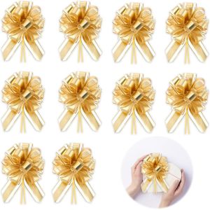Kal-10 Pièces Gros Noeud Cadeau, 16cm Ruban Voiture Mariage, Facile À Utiliser, Convient Pour Emballage De Boîte Cadeau, Décoration De Table De Mariage, Décoration Florale (Or) - Neuf