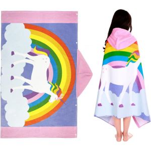 Serviette De Plage Capuche Enfant,Cape Serviette,Serviette Poncho Pour Garcon And Fille,100% Coton,Très Absorbant,127 X 76cm,Licornes Arc-En-Ciel - Neuf