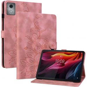 KAL-Coque Pour Lenovo Tab K11 Plus/M11 Plus 2024 11.45 Pouces, Multi-Angles De Visualisation Housse De Protection En Similicuir Avec Porte-Carte Couverture Motif Lys, Rose - Neuf