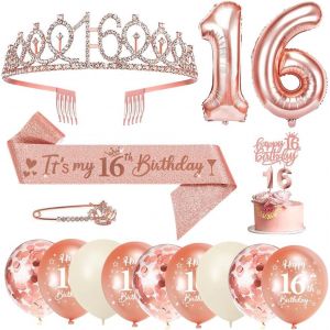 SJZG-16 Ans Fille, &Eacute;charpe Couronne Anniversaire, Ballon Chiffre 16 Or Rose, Bougies, G&acirc;teau Topper Happy Birthday, Cadeau 16E - Neuf
