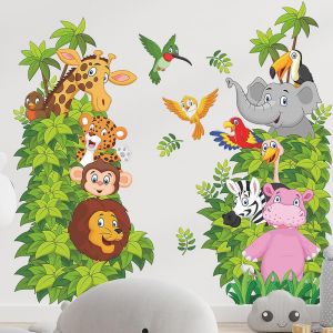 Stickers Muraux Animaux De La Jungle, Stickers Muraux Animaux De Dessin Anim&eacute;, &Eacute;l&eacute;phant, Singe, Girafe, Lion, Pour Chambre De B&eacute;b&eacute;, Chambre D'enfant, D&eacute;coration Murale De La Maison - Neuf