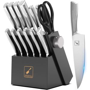 Jexnovashop-Couteau Cuisine Professionnel, Set De 14 Couteaux De Cuisine En Acier Inoxydable, Bloc &Agrave; Couteaux Avec Aiguisoir, Poign&eacute;e Ergonomique, Cadeau F&ecirc;te Des P&egrave;res - Neuf